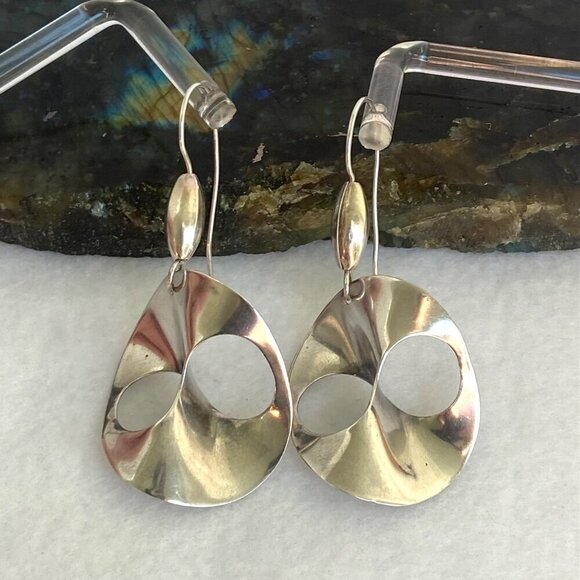 Sterling Silver 925 Artisan Modernist Style Infinity Disc Dangle Drop Earrings - Picture 9 of 16